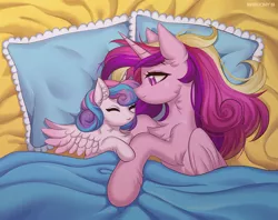 Size: 1138x900 | Tagged: safe, artist:margony, derpibooru import, princess cadance, princess flurry heart, alicorn, pony, bed, cheek fluff, chest fluff, cute, cutedance, duo, ear fluff, eyes closed, female, filly, fluffy, flurrybetes, leg fluff, mama cadence, mare, mother and child, mother and daughter, neck fluff, on bed, sleeping, smiling