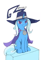 Size: 3265x4740 | Tagged: safe, artist:bluvsred, derpibooru import, trixie, pony, unicorn, blair, cape, clothes, crossover, digital art, female, hat, hooves, horn, mare, simple background, sitting, solo, soul eater, white background