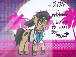 Size: 3072x2304 | Tagged: safe, artist:twilight_light, derpibooru import, edit, ponified, earth pony, pony, angry, bad anatomy, bad shading, clothes, colored, drugs, hotline miami, hotline miami 2, male, palm tree, ponytail, scar, sketch, solo, stallion, text, the son, traditional art, tree