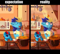 Size: 3278x2940 | Tagged: safe, artist:zobaloba, derpibooru import, oc, oc:andrew swiftwing, oc:blue angel, pegasus, pony, colt, commission, disaster, expectation vs reality, female, fire, kitchen, male, mare, mother and child, mother and son, reality, stallion, ych example, ych result, your character here