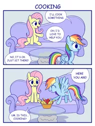 Size: 1600x2120 | Tagged: safe, artist:sazanamibd, derpibooru import, fluttershy, rainbow dash, pegasus, pony, 2 panel comic, apple, banana, comic, cooking, couch, duo, food, fruit, salad