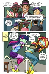 Size: 1686x2554 | Tagged: suggestive, artist:art-2u, derpibooru import, sunset shimmer, twilight sparkle, equestria girls, arm behind back, barefoot, blindfold, bondage, breasts, comic, crossover, dialogue, don turtelli, fedora, feet, female, femsub, fetish, foot fetish, hat, jumping, speech bubble, submissive, subset, teenage mutant ninja turtles, text, tied up, twisub