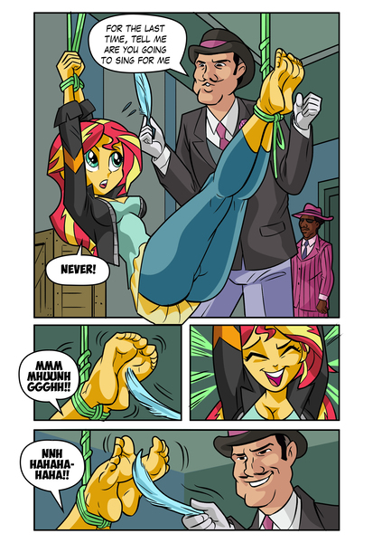 Size: 1758x2554 | Tagged: suggestive, artist:art-2u, derpibooru import, sunset shimmer, equestria girls, ass, bondage, breasts, bunset shimmer, butt, cleavage, comic, crossover, dialogue, don turtelli, feather, feet, female, femsub, fetish, foot fetish, legs, legs in air, male, speech bubble, submissive, subset, suspended, suspension bondage, teenage mutant ninja turtles, text, tickle fetish, tickle torture, tickling, tied up