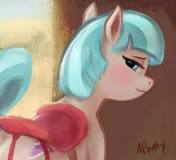 Size: 1796x1628 | Tagged: safe, artist:aponty, deleted from derpibooru, derpibooru import, coco pommel, earth pony, pony, blushing, cropped, cropped porn, explicit source, female, garters, looking at you, looking back, looking back at you, mare, saddle, solo, tack