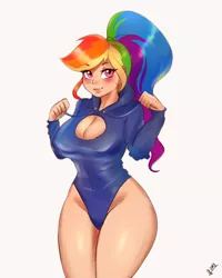 Size: 1600x2000 | Tagged: suggestive, artist:mrscurlystyles, derpibooru import, rainbow dash, human, adorasexy, blushing, boob window, breasts, busty rainbow dash, cleavage, clothes, curvy, cute, dashabetes, eyelashes, female, high-cut clothing, hooded leotard, hoodie, hourglass figure, humanized, leotard, ponytail, sexy, smiling, socks, solo, solo female, stupid sexy rainbow dash, thong leotard, voluptudash, wide hips