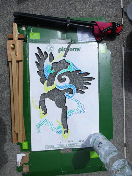 Size: 774x1032 | Tagged: safe, artist:malte279, derpibooru import, princess celestia, pony, solo, spray chalk, stencil, traditional art, wip