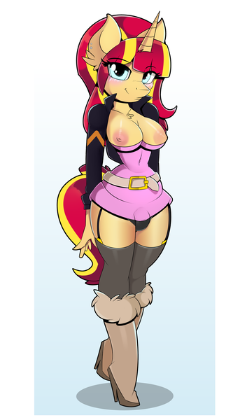 Size: 1200x2040 | Tagged: questionable, artist:xorza, derpibooru import, edit, sunset shimmer, anthro, unicorn, adorasexy, belt, big breasts, blushing, boots, breasts, busty sunset shimmer, clothes, crotch bulge, cute, ear piercing, exposed breasts, futa, futa sunset shimmer, garter belt, high heel boots, high res, intersex, jacket, looking at you, nipples, nudity, piercing, sexy, shoes, simple background, smiling, socks, solo, solo futa, thigh highs, underwear, white background