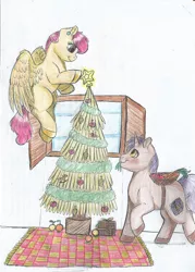 Size: 1161x1624 | Tagged: safe, artist:69beas, derpibooru import, oc, unofficial characters only, pegasus, pony, unicorn, apple, basket, carpet, carrot, christmas, christmas tree, couple, duo, female, flying, food, holiday, looking up, male, mare, orange, plum, present, shipping, spread wings, stallion, stars, traditional art, tree, window, wings