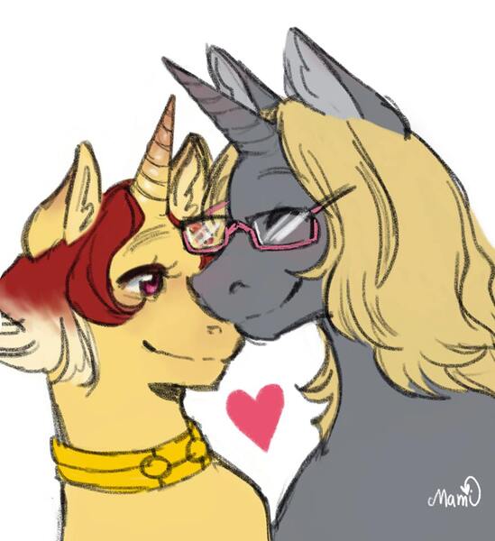 Size: 878x960 | Tagged: safe, artist:bunpan, derpibooru import, oc, oc:jessie feuer, oc:luri equestria, unofficial characters only, pony, unicorn, blushing, collar, digital art, duo, eyes closed, female, glasses, heart, jessuri, male, mare, nuzzling, oc x oc, shipping, simple background, sketch, smiling, stallion, straight