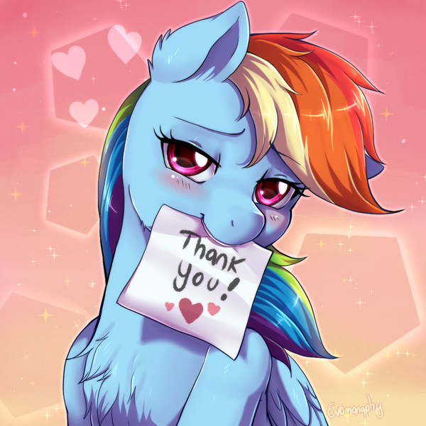 Size: 1000x1000 | Tagged: safe, artist:evomanaphy, derpibooru import, rainbow dash, pegasus, pony, abstract background, beautiful, blushing, cheek fluff, chest fluff, cute, dashabetes, ear fluff, female, heart, looking at you, mouth hold, paper, solo, thank you