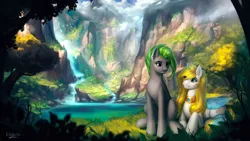 Size: 2827x1600 | Tagged: safe, artist:l1nkoln, derpibooru import, oc, unofficial characters only, alicorn, bird, earth pony, pony, alicorn oc, duo, horn, lake, mountain, scenery, scenery porn, tree, waterfall, wings