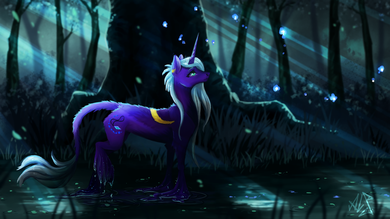 Size: 1920x1080 | Tagged: safe, artist:alina-sherl, derpibooru import, oc, unofficial characters only, pony, unicorn, crepuscular rays, flower, forest, leaves, leonine tail, palindrome get, solo, tree, unshorn fetlocks, water