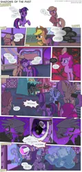 Size: 3000x6294 | Tagged: semi-grimdark, artist:perfectblue97, derpibooru import, applejack, fluttershy, pinkie pie, rainbow dash, rarity, twilight sparkle, alicorn, earth pony, pegasus, pony, unicorn, comic:shadows of the past, blood, book, censored, comic, crayon, glowing horn, horn, magic, mane six, ponyville, silhouette, telekinesis, unicorn twilight, unnecessary censorship, vine