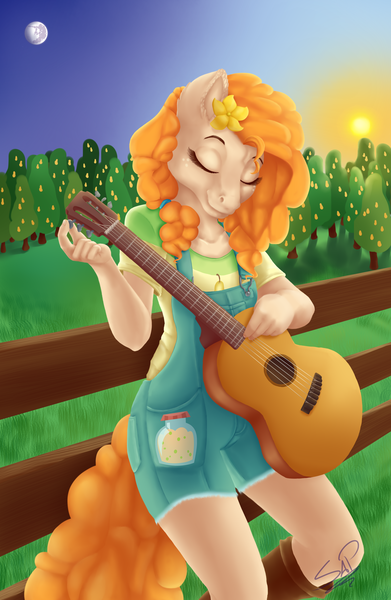 Size: 1626x2493 | Tagged: safe, artist:cuervo-of-cristal, derpibooru import, pear butter, anthro, boots, clothes, cutie mark clothes, eyes closed, female, fence, guitar, mare in the moon, moon, musical instrument, orchard, overalls, pear tree, shirt, shoes, smiling, solo, sun, tree, t-shirt