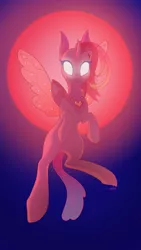 Size: 1540x2737 | Tagged: artist:cuervo-of-cristal, blue background, changedling, changedling oc, changeling, changeling oc, derpibooru import, female, flying, glowing eyes, heart, looking at you, oc, red sun, safe, simple background, smiling, solo, spread wings, sun, unofficial characters only, wings