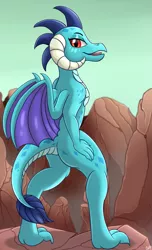 Size: 1217x2000 | Tagged: artist:orangejuicerus, butt, canyon, derpibooru import, dragon, dragoness, female, hand on hip, looking at you, looking back, looking back at you, open mouth, princess ember, princess embutt, safe, solo, wings