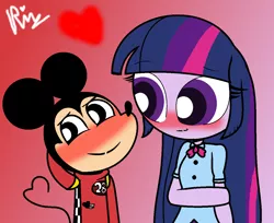 Size: 1252x1020 | Tagged: safe, artist:xxkawailloverchanxx, derpibooru import, twilight sparkle, twilight sparkle (alicorn), alicorn, equestria girls, art trade, blushing, crossover, crossover shipping, disney, heart, mickey mouse, shipping