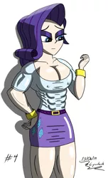 Size: 1832x3005 | Tagged: suggestive, artist:lyruzlavh, derpibooru import, rarity, human, equestria girls, abs, belt, biceps, big breasts, bracelet, breasts, busty rarity, cleavage, clothes, erect nipples, eyelashes, eyeshadow, female, fetish, jewelry, latex, looking down, makeup, miniskirt, muscle fetish, muscle growth, muscles, muscular female, nipple outline, ripped rarity, skirt, solo, tight clothing