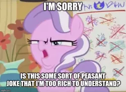 Size: 649x476 | Tagged: safe, derpibooru import, edit, edited screencap, screencap, diamond tiara, earth pony, pony, crusaders of the lost mark, arin hanson face, caption, complex background, cropped, funny face, image macro, meme, rich, solo, text