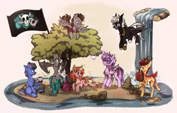 Size: 1970x1260 | Tagged: safe, artist:lonerdemiurge_nail, derpibooru import, twilight sparkle, twilight sparkle (alicorn), oc, oc:dark wing, oc:midnight serenity, oc:mint mouse, oc:nail, oc:stoutbook, alicorn, bat pony, deer, earth pony, fordeer, original species, pegasus, pony, unicorn, abstract background, antlers, bat pony oc, bat wings, coffee, coffee mug, cute, cute little fangs, cyrillic, fangs, female, flag, flying, glasses, hanging, hanging upside down, magic, male, mare, mouth hold, mug, non-pony oc, sitting, stallion, tree, upside down, waterfall, wings