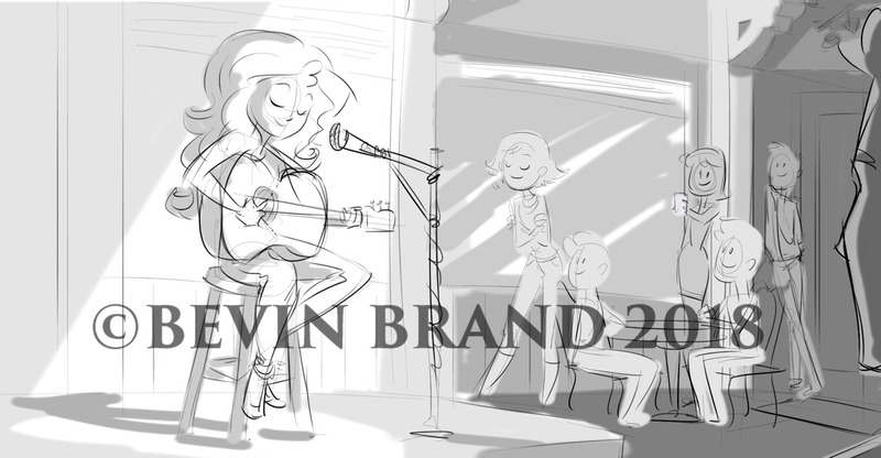 Size: 1280x665 | Tagged: safe, artist:bevin brand, deleted from derpibooru, derpibooru import, sunset shimmer, equestria girls, background human, black and white, eyes closed, female, grayscale, guitar, image, jpeg, microphone, monochrome, musical instrument, obtrusive watermark, official fan art, smiling, watermark