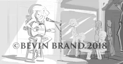 Size: 1280x665 | Tagged: safe, artist:bevin brand, deleted from derpibooru, derpibooru import, sunset shimmer, equestria girls, background human, black and white, eyes closed, female, grayscale, guitar, image, jpeg, microphone, monochrome, musical instrument, obtrusive watermark, official fan art, smiling, watermark