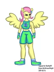 Size: 2248x2952 | Tagged: safe, artist:fromseatoshiningsea, derpibooru import, fluttershy, equestria girls, belly button, clothes, exeron fighters, exeron gloves, exeron outfit, midriff, ponied up, pony ears, sports bra, wings