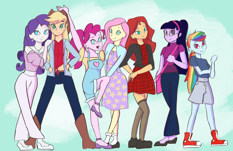 Size: 3400x2200 | Tagged: safe, artist:pettypop, derpibooru import, applejack, fluttershy, pinkie pie, rainbow dash, rarity, sci-twi, sunset shimmer, twilight sparkle, equestria girls, clothes, converse, dress, fashion, humane five, humane seven, humane six, shoes