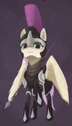 Size: 2100x3700 | Tagged: safe, artist:phi, derpibooru import, oc, unofficial characters only, pegasus, pony, equestria at war mod, armor, dark background, female, greek, greek helmet, helmet, simple background, solo, spear, weapon