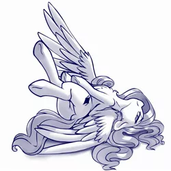 Size: 2000x2000 | Tagged: safe, artist:dimfann, derpibooru import, oc, unofficial characters only, pegasus, pony, butt, featureless crotch, looking at you, monochrome, on back, plot, simple background, solo, spread wings, white background, wings