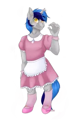 Size: 1753x2760 | Tagged: safe, artist:dollpone, derpibooru import, oc, oc:cappie, unofficial characters only, anthro, unicorn, clothes, crossdressing, dress, gloves, maid, male, mary janes, shoes, simple background, sissy, skirt, socks, solo, transparent background