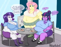 Size: 1000x775 | Tagged: safe, artist:professordoctorc, derpibooru import, fluttershy, rarity, sci-twi, twilight sparkle, bat pony, equestria girls, bbw, belly, big belly, big breasts, boots, breasts, busty fluttershy, busty rarity, busty sci-twi, busty twilight sparkle, canterlot high, cleavage, clothes, dialogue, erect nipples, fat, fattershy, flutterbat, food, huge breasts, mary janes, newspaper, nipple outline, obese, plump, race swap, raritubby, reading, sci-twilard, shoes, skirt, ssbbw, stuffed, thick, twilard sparkle, weight gain