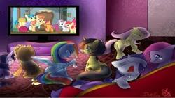 Size: 1280x720 | Tagged: safe, artist:daughter-of-fantasy, derpibooru import, edit, screencap, apple bloom, applejack, aunt holiday, auntie lofty, fluttershy, pinkie pie, rainbow dash, rarity, scootaloo, sweetie belle, twilight sparkle, oc, oc:pauly sentry, earth pony, pegasus, pony, unicorn, the last crusade, cartoonito logo, crying, cutie mark, exploitable meme, eyes closed, female, filly, foal, handkerchief, head pat, mane six, mare, meme, obligatory pony, pat, prone, raised hoof, sad movie meme, sitting, spread wings, suitcase, television, the cmc's cutie marks, wavy mouth, wing hold, wings
