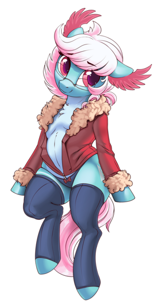 Size: 1046x2048 | Tagged: artist:dimfann, bomber jacket, chest fluff, clothes, derpibooru import, ear feathers, female, glasses, jacket, looking at you, mare, oc, oc:angela de medici, open clothes, panties, safe, semi-anthro, simple background, sitting, socks, solo, stockings, thigh highs, transparent background, underwear, unofficial characters only