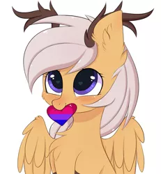 Size: 2673x2895 | Tagged: alternate version, antlers, artist:pesty_skillengton, bisexual pride flag, blushing, chest fluff, commission, cute, derpibooru import, ear fluff, female, heart, mouth hold, oc, oc:antler pone, original species, pride, pride flag, pride month, safe, simple background, unofficial characters only, wings, ych result