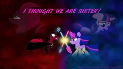 Size: 3840x2160 | Tagged: alicorn, artist:ejlightning007arts, crossover, derpibooru import, fight, implied lesbian, implied shipping, implied tempestlight, lightsaber, sad, safe, star wars, tempest shadow, twilight sparkle, twilight sparkle (alicorn), wallpaper, weapon