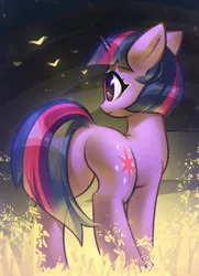 Size: 1201x1660 | Tagged: safe, artist:mirroredsea, derpibooru import, twilight sparkle, pony, unicorn, abstract background, butt, cute, female, looking sideways, mare, plot, rear view, short mane, solo, transparent tail, twiabetes, twibutt, unicorn twilight