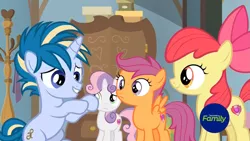 Size: 1745x981 | Tagged: safe, derpibooru import, screencap, apple bloom, scootaloo, skeedaddle, sweetie belle, earth pony, pegasus, pony, unicorn, the last crusade, coat rack, cutie mark crusaders, discovery family logo, wardrobe