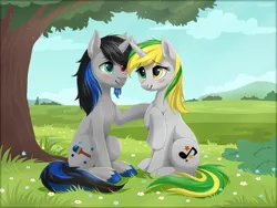 Size: 1200x900 | Tagged: safe, artist:scheadar, derpibooru import, oc, pony, grass, heterochromia, tree