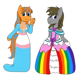 Size: 1000x1000 | Tagged: safe, artist:ask-sonatadusk, deleted from derpibooru, derpibooru import, oc, oc:cold front, oc:disty, pegasus, pony, unicorn, braid, clothes, crossdressing, cute, dress, gay, happy, looking at you, male, oc x oc, pride, pride flag, shipping, smiling, stallion, transgender, transgender pride flag, waving