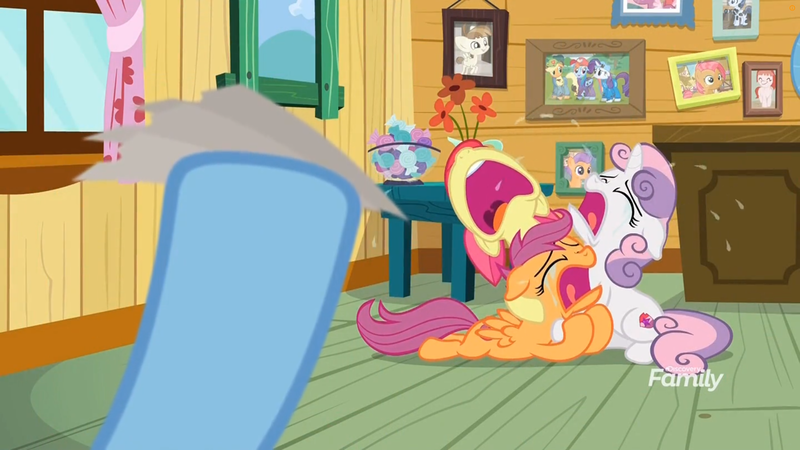 Size: 1745x982 | Tagged: safe, derpibooru import, screencap, apple bloom, applejack, babs seed, featherweight, rainbow dash, rarity, scootaloo, sweetie belle, tender taps, earth pony, pegasus, pony, unicorn, the last crusade, bowl, candy, clubhouse, crusaders clubhouse, crying, curtains, cutie mark crusaders, discovery family logo, flower, food, picture, picture frame, ticket, window
