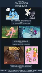 Size: 2160x3696 | Tagged: safe, artist:danli69, derpibooru import, oc, oc:cherry popper, oc:kate, oc:kej, oc:non toxic, oc:zjin-wolfwalker, unofficial characters only, anthro, monster pony, original species, pegasus, pony, semi-anthro, tatzlpony, unicorn, admiral ackbar, advertisement, anthro with ponies, armpits, bedroom eyes, bench, book, clothes, commission info, female, femboy, foliage, glowing eyes, it's a trap, k+k, looking at you, male, meta, oc x oc, price list, rearing, shipping, sitting, socks, solo, speech, star wars, straight, striped socks, talking, trap, twitter