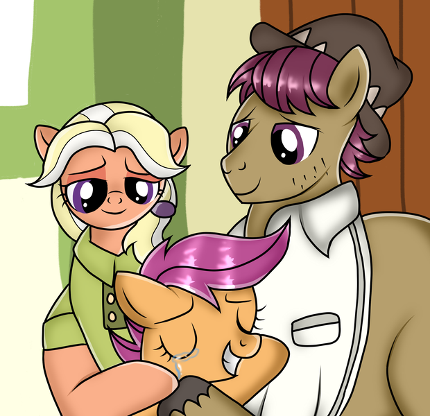 Size: 2889x2794 | Tagged: safe, artist:doraeartdreams-aspy, derpibooru import, mane allgood, scootaloo, snap shutter, earth pony, pegasus, pony, the last crusade, clothes, crying, eyes closed, family, father and child, father and daughter, female, filly, hat, hug, like father like daughter, like mother like daughter, male, maneshutter, mare, mother and child, mother and daughter, shipping, shirt, stallion, straight, tears of joy, unshorn fetlocks