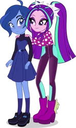 Size: 4175x7000 | Tagged: safe, artist:limedazzle, derpibooru import, aria blaze, oc, oc:janey, equestria girls, equestria girls series, find the magic, spoiler:eqg series (season 2), absurd resolution, canon x oc, clothes, polka dots, simple background, smiling, transparent background