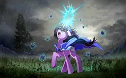 Size: 1400x865 | Tagged: safe, artist:skyeypony, derpibooru import, oc, oc:amethyst heartstone, unofficial characters only, pony, unicorn, cape, clothes, commission, female, levitation, magic, mare, rain, sneezing, solo, telekinesis, tree