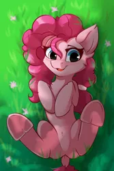 Size: 1000x1500 | Tagged: safe, alternate version, artist:shadowreindeer, derpibooru import, pinkie pie, earth pony, pony, alternate hairstyle, chest fluff, cute, dappled sunlight, diapinkes, dock, ear fluff, featureless crotch, female, frog (hoof), grass, looking at you, mane swap, mare, on back, smiling, solo, underhoof