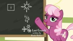 Size: 1920x1080 | Tagged: safe, derpibooru import, screencap, cheerilee, earth pony, pony, the last crusade, chalkboard, credits, discovery family logo, female, lidded eyes, looking at you, mare, pointing, ponyville schoolhouse, rain, snow, snowflake, solo, sun