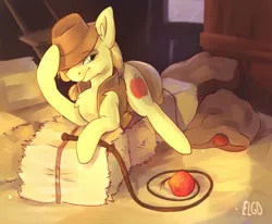 Size: 2796x2304 | Tagged: safe, artist:ecolinegd, derpibooru import, braeburn, earth pony, pony, apple, barn, chest fluff, cowboy hat, crepuscular rays, food, hat, hay bale, looking at you, male, sack, solo, stallion