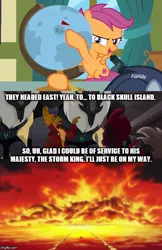 Size: 500x771 | Tagged: black skull island, capper dapperpaws, caption, comic, derpibooru import, edit, edited screencap, globe, image macro, my little pony: the movie, one piece, safe, scootaloo, screencap, screencap comic, storm guard, tempest shadow, text, the last crusade