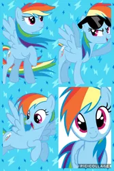 Size: 720x1080 | Tagged: safe, artist:pinkyazflychan, derpibooru import, rainbow dash, pegasus, pony, art trade, collage, solo, sunglasses